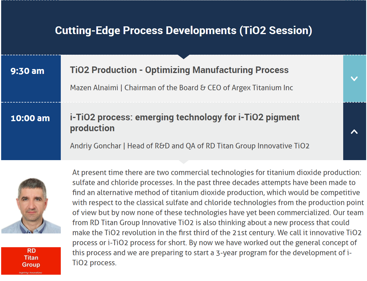 TiO2 World Summit 2017 programme: i-TiO2 process report by Andriy Gonchar, RD Titan Group